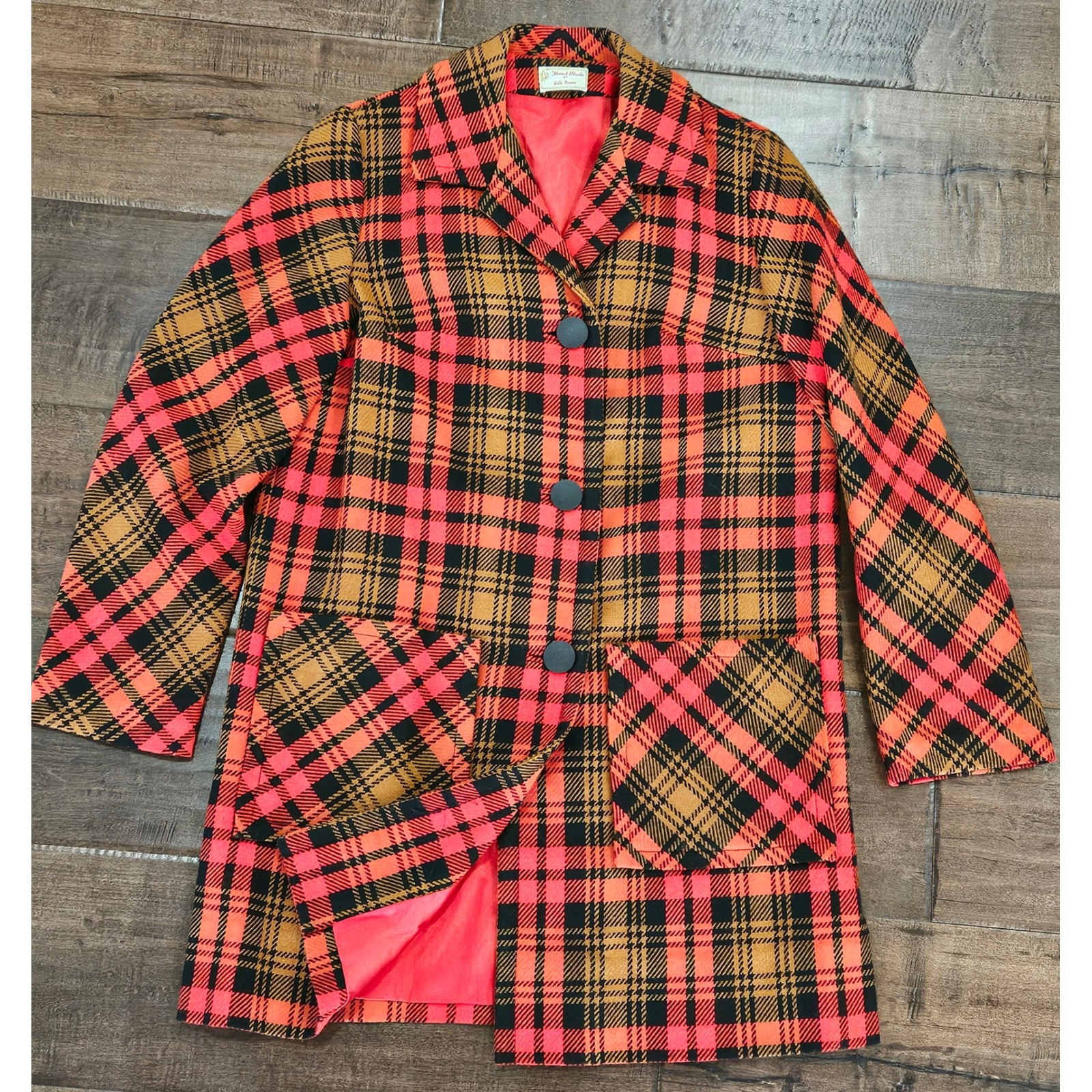 Vtg Rare Handmade Sally Brown Plaid Multi Plaid Retro Preppy Lumberjack Coat 60s